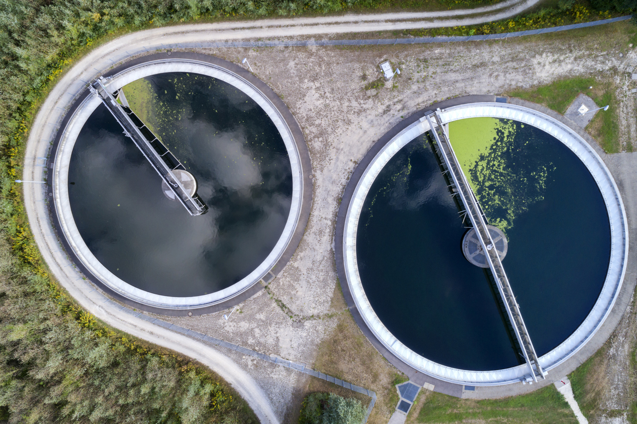 Aerial view of a sewage treatment plant, Bavaria, Germany