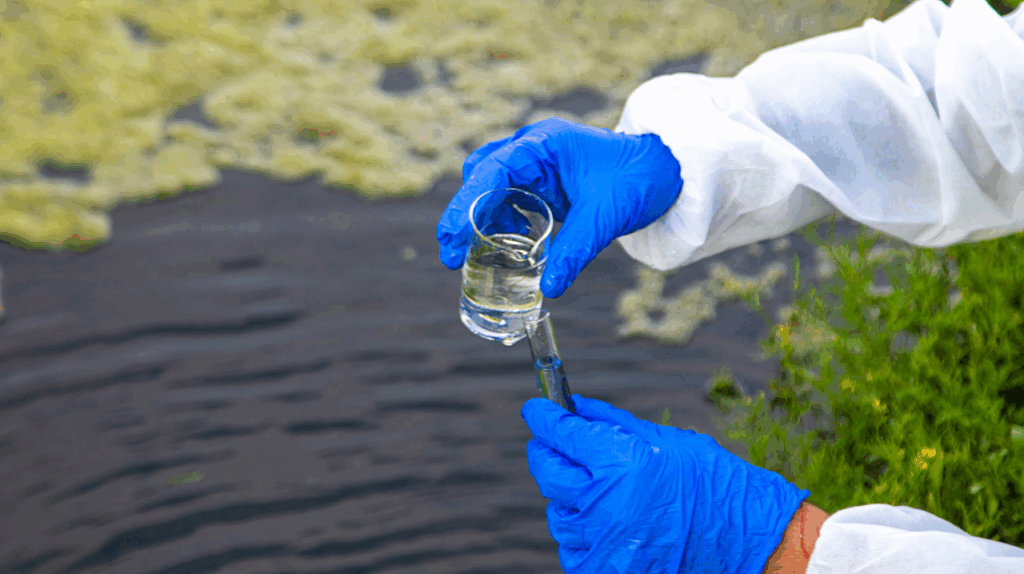 Industrial water treatment plant showing steps of water purification including filtration, disinfection and polishing.
