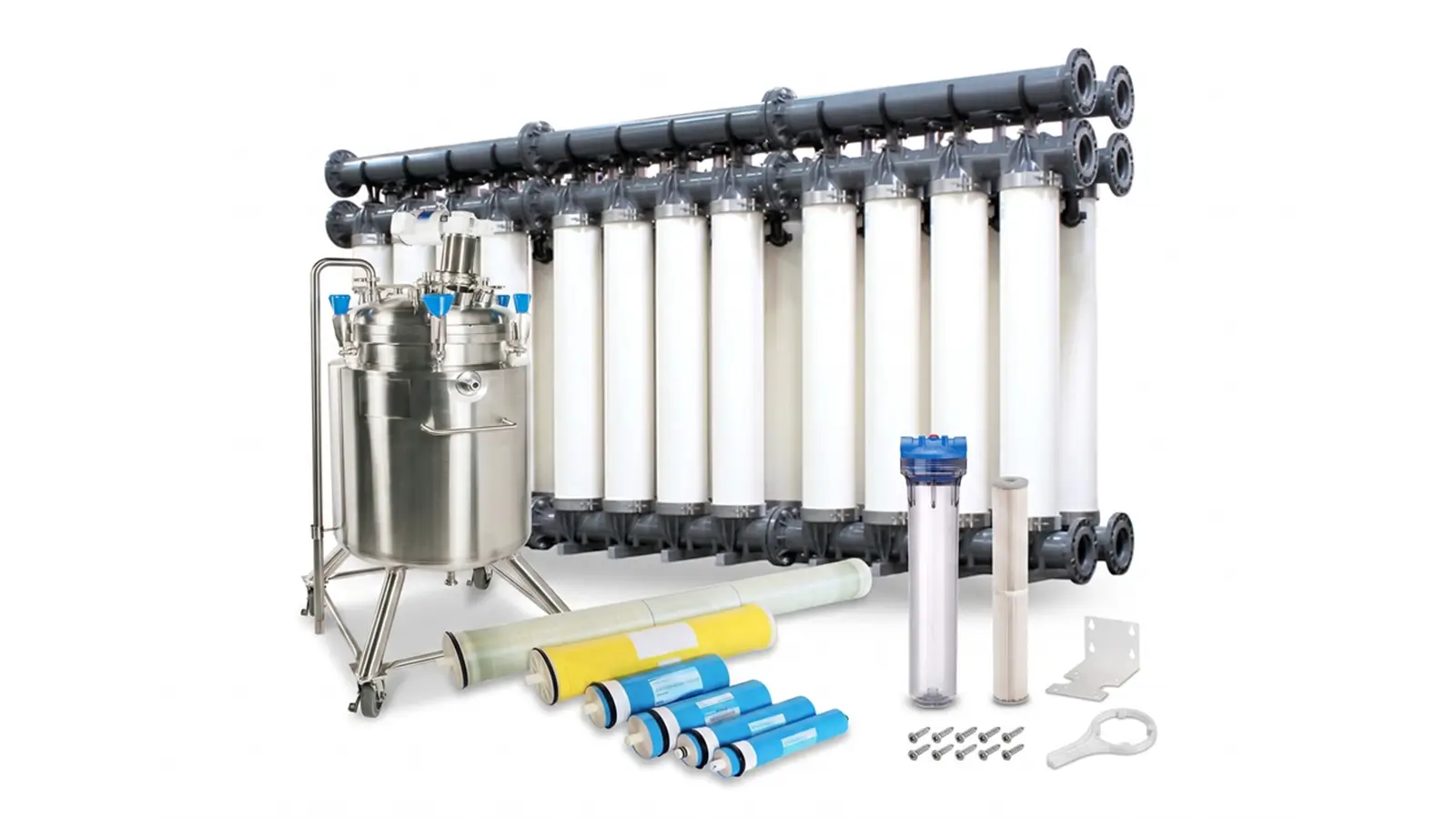 Filtration system components for water treatment such as RO membranes, UF modules, filter cartridges, and pressure vessels.