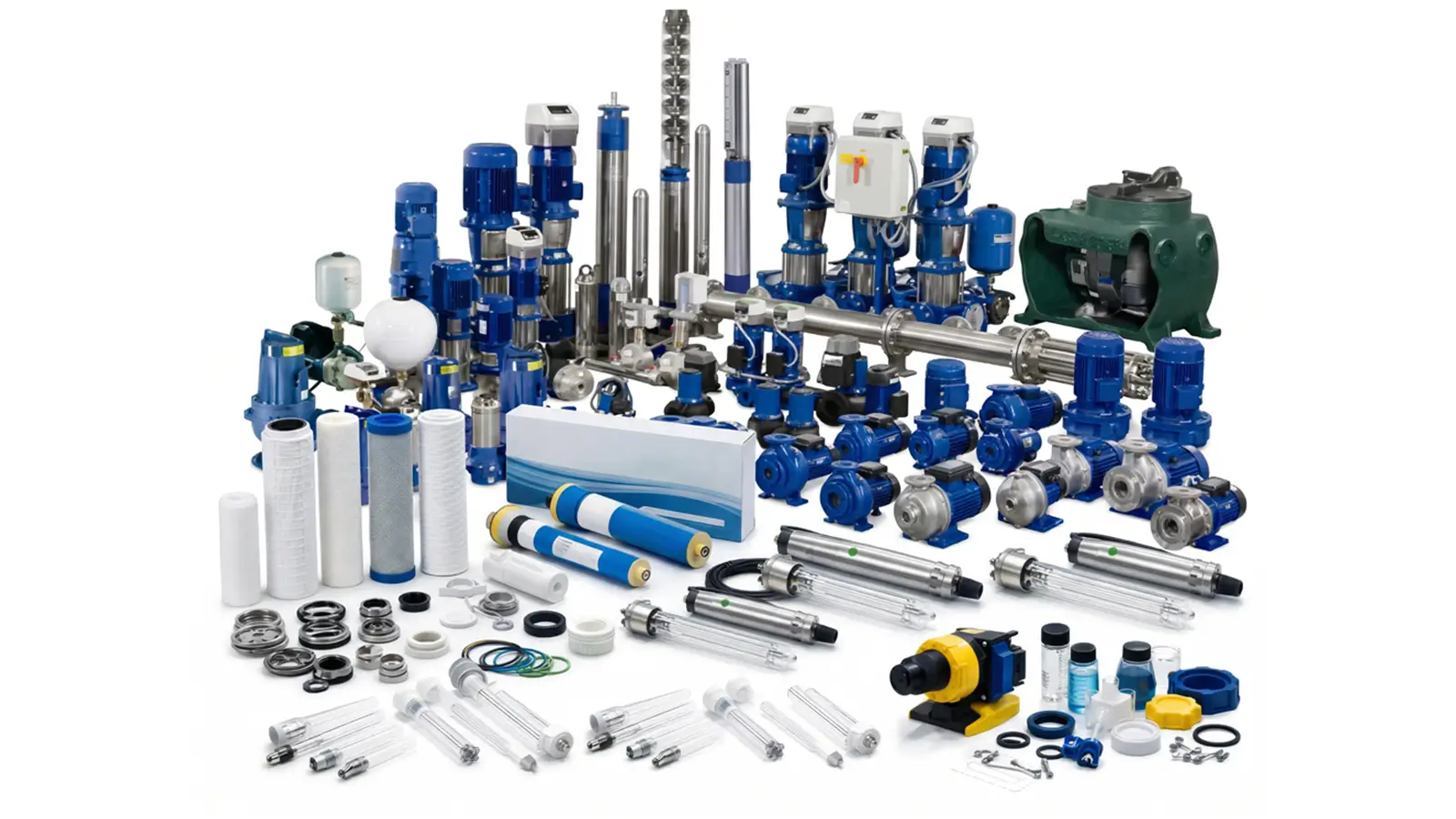 Pump spare parts for water treatment systems including centrifugal, Grundfos, Danfoss, Ebara, MEHU, and FEDCO components