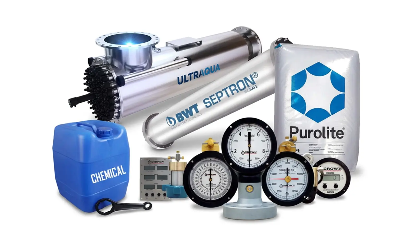 Industrial water treatment components including valves, UV systems, and sensors